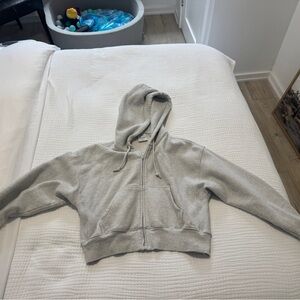 Cozy Sweatfleece Boyfriend Boxy Zip Hoodie- heather cloud white size s